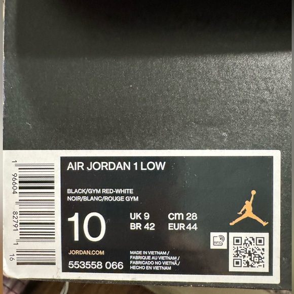 Air Jordan 1 Low "Alternate Bred Toe Black/Gym Red-White size 10 - Picture 9 of 11